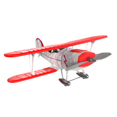 A red and white airplane with a silver propeller