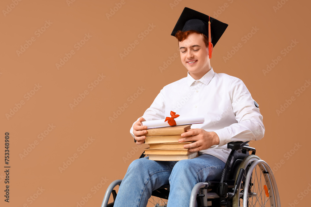 Sticker Male graduate in wheelchair with diploma and books on beige background