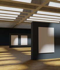 canvas frame mockup poster hanging on the blue navy wall in the art gallery museum