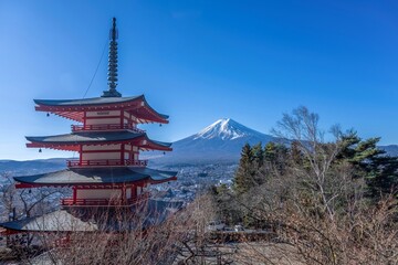 Fototapeta premium 青空バックに展望台から見る富士山と五重塔のコラボ情景