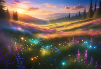Fototapeta premium Glowing Meadow, Meadow, Glowing, Illuminated, Radiant, Field, Grassland, Luminous, Magical, Enchanted, Fantasy, Surreal, Dreamlike, Ethereal, Landscape, AI Generated