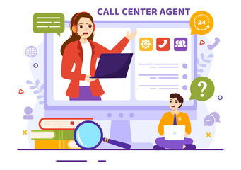 Call Center Agent Vector Illustration of Customer Service or Hotline Operator with Headsets and Computers in Flat Cartoon Background