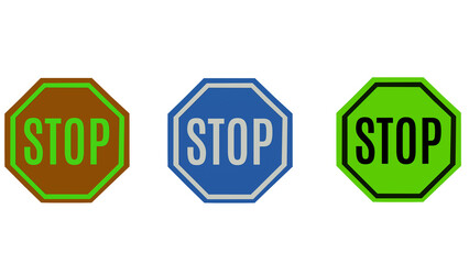 Beautiful 3D representation with 3 stop signs in green blue orange black and white