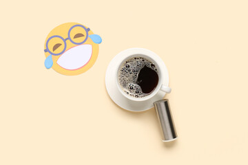 Cup of coffee with salt shaker on beige background. April Fools Day prank