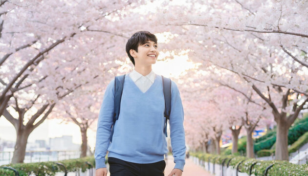 桜背景の青年（入学式、進学、進級、新しい門出のイメージ素材）
