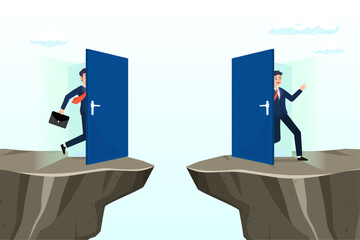 Confidence businessman access shortcut door to cross the gap, shortcut for business success, solution or business opportunity, idea or creativity to solve problem, leadership determination (Vector)