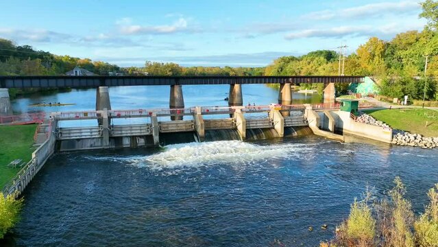 Aerial Fly Through of Argo Dam and Kayakers on Huron River