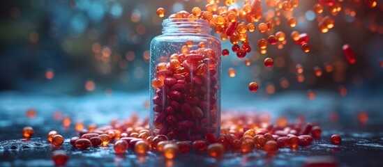 Pills falling from glass jar background - obrazy, fototapety, plakaty