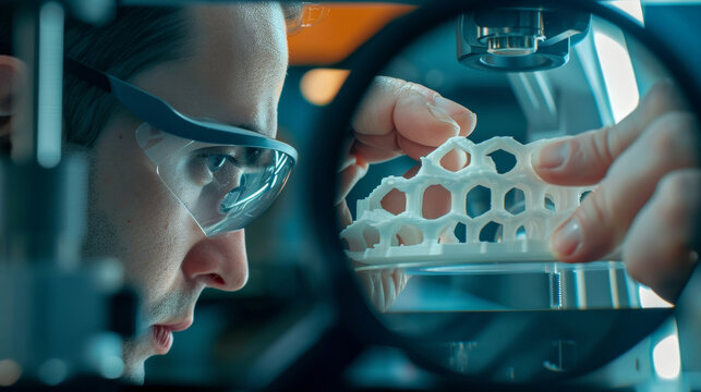 A closeup of a 3D printed prototype being tested and examined under a magnifying glass highlighting the strength and durability of the advanced materials used.