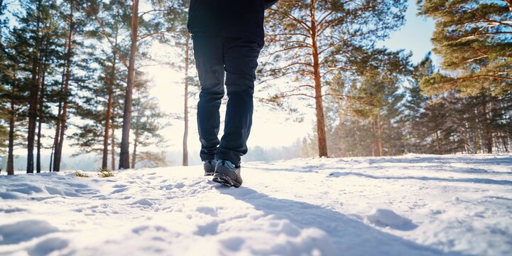 person walking in the snowy forest 