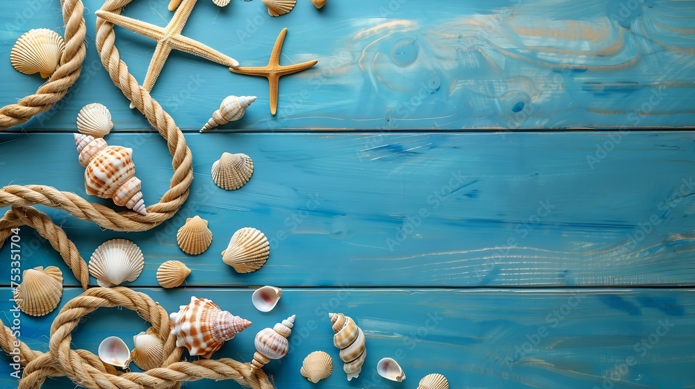 Poster generative ai : sea rope with many different sea shells on the sea sand on a blue wooden background.
