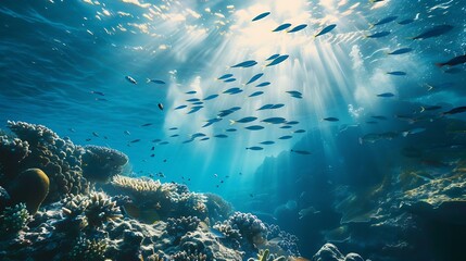 Generative AI : Underwater landscape with schooling fish and beautiful sunlight. 
