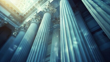 Enchanting light through neoclassical pillars - Soft light cascades over neoclassical columns, creating an enchanting perspective of this architectural detail - obrazy, fototapety, plakaty