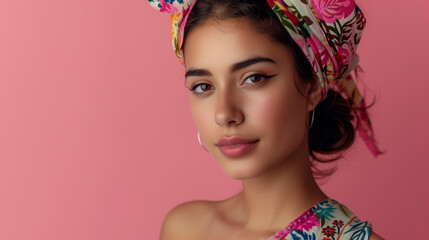 A portrait of a young Mexican woman wearing a flowered headband against a pink background. Banner, copy space.