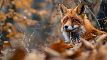 Generative AI : Portrait of a Red fox in the forest during the autumn - obrazy, fototapety, plakaty