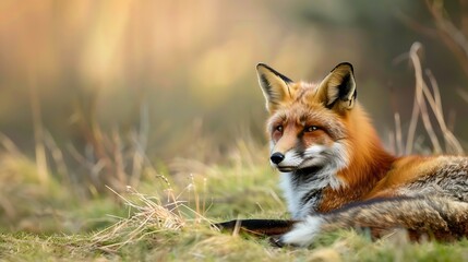 Fototapeta premium Generative AI : Male Red Fox Lying on the Grass in A National Park