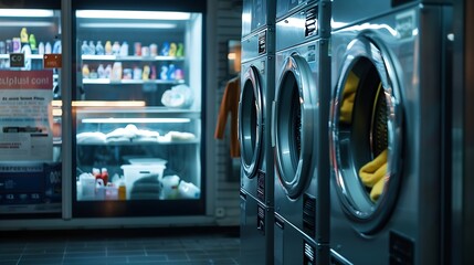 Generative AI : public coin vending washing machine laundry service business shop - obrazy, fototapety, plakaty