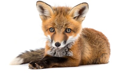 Obraz premium Generative AI : Sitting five weeks old Red fox cub looking at the camera, isolated on white