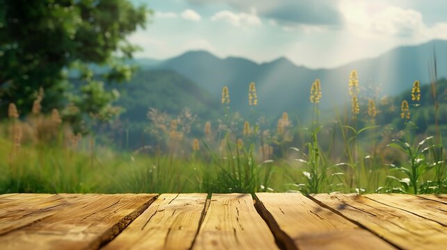 Generative AI : Wooden table top on blur mountain and grass field. For montage product display or design key visual layout.