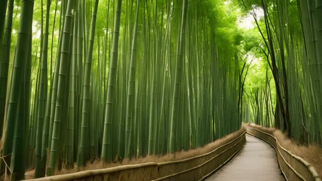 Lush green bamboo shoots rise towards the morning sun in an Asian forest