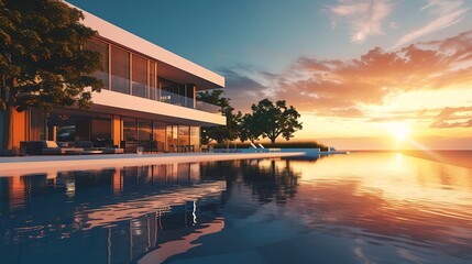 Fototapeta premium Generative AI : Ultra wide angle view of a modern villa and a luxurious infinity pool with a sunset reflection