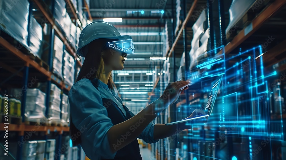 Aufkleber Generative AI : Female Worker Doing Inventory, Using Augmented Reality Program On Laptop Computer