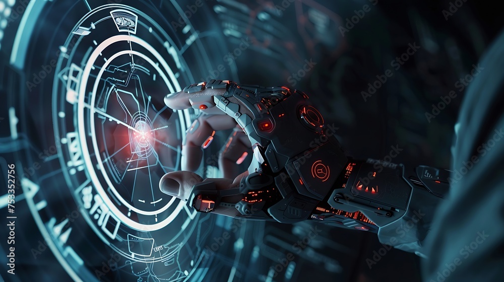 Aufkleber Generative AI : AI generative concept with programmer hand holding virtual command interface of machine 