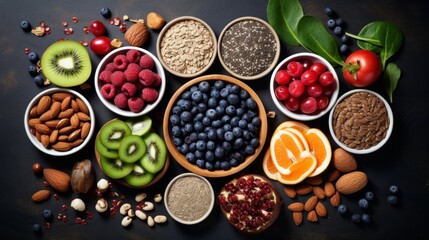 assorted candied berries, dried fruits, nuts and seeds, top view. healthy food background. Superfood