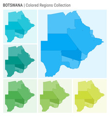 Botswana map collection. Country shape with colored regions. Light Blue, Cyan, Teal, Green, Light Green, Lime color palettes. Border of Botswana with provinces for your infographic.