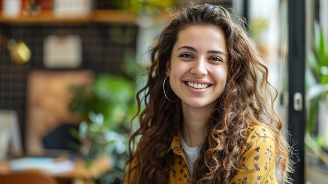 candid portrait of a stunning woman happily looking at the camera in her office environment, real photo, stock photography ai generative high quality image