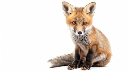 Fototapeta premium Generative AI : Sitting five weeks old Red fox cub looking at the camera, isolated on white