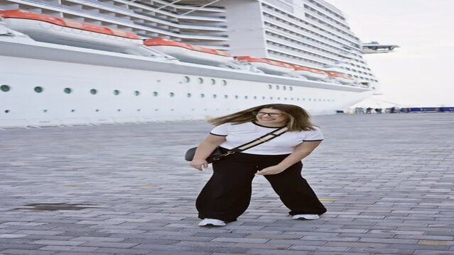A joyful woman in casual attire jumping on a dock by a cruise ship, depicting a relaxed vacation scene.