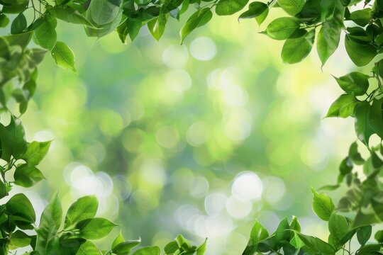 Sun-kissed green leaves in focus, offering a serene and fresh backdrop, with a blurred bokeh effect enhancing the natural vibe 