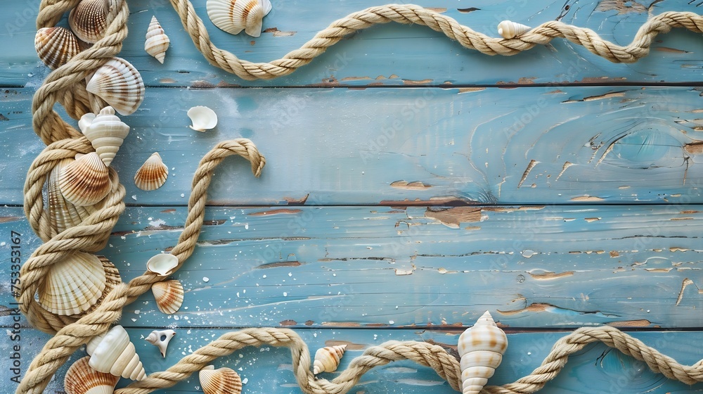 Poster generative ai : sea rope with many different sea shells on the sea sand on a blue wooden background.