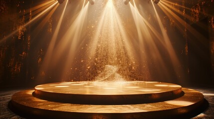 Golden Pedestal Podium With Spotlights, Festive Night Stage for Party or Product Display
