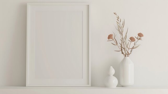 Generative AI : White picture frame with decorations. Mock up for your photo or text. Place your work, print art, white background