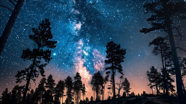 Generative AI : The Milky Way rises over the pine trees on a foreground