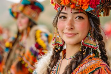 Fototapeta premium Traditional Peruvian Woman in Ethnic Clothing Smiling at Cultural Festival with Colorful Headwear