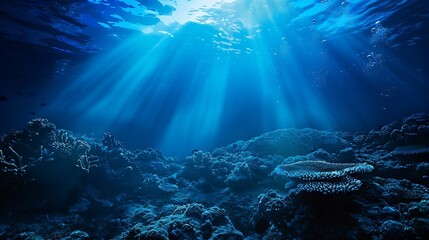 Generative AI : Artistic underwater photo of landscape in beautiful blue light. From a scuba dive - obrazy, fototapety, plakaty