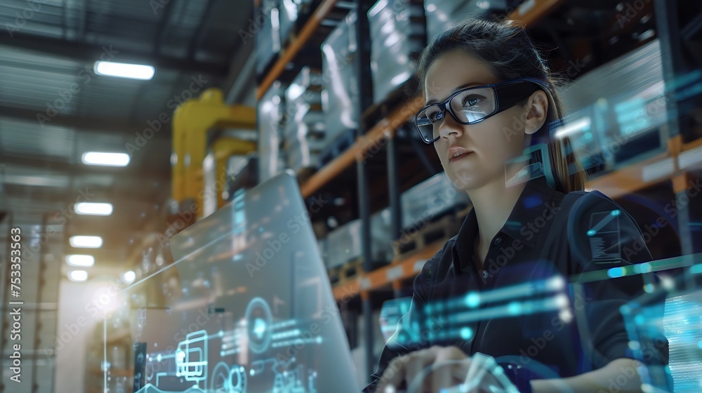 Aufkleber Generative AI : Female Worker Doing Inventory, Using Augmented Reality Program On Laptop Computer