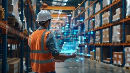 Generative AI : Warehouse worker using hologram visual smart information display for futuristic data business intelligent 