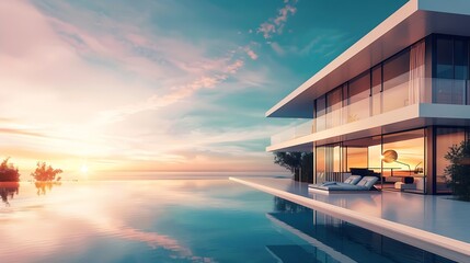 Generative AI : Ultra wide angle view of a modern villa and a luxurious infinity pool with a sunset reflection