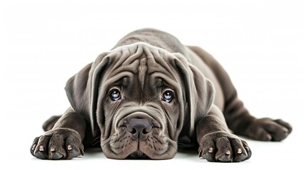 Generative AI : Neapolitan mastiff puppy lying in front view and looking at camera. isolated on white background