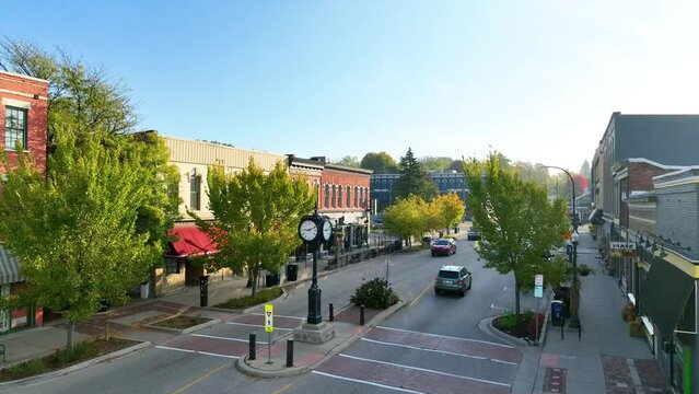 Aerial View of Ypsilanti Downtown Charm with Pedestal Shot
