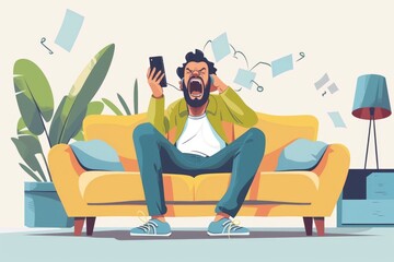 Angry and nervous man talking on the phone sitting on the sofa in the living room, man yelling at the interlocutor on the smartphone, dissatisfied with the service, the customer complains,GenerativeAI