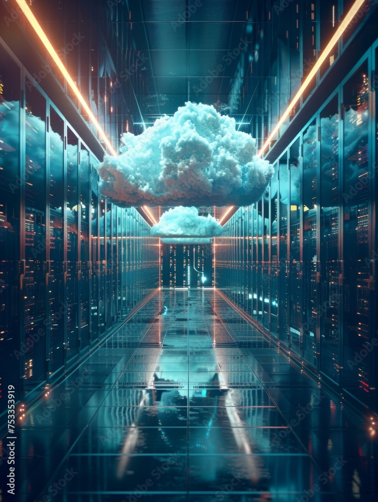 Poster futuristic cloud data center with neon lights - a cloud floating in the center of a data center illu