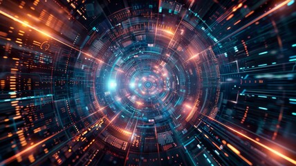 Obraz premium Futuristic cyber data tunnel vision - A vibrant image depicting a futuristic cyber data tunnel with neon lights and an intense depth of field suggesting speed and technology