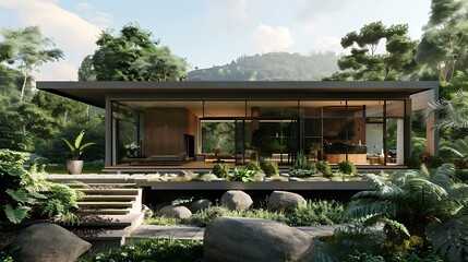 Generative AI : A modern house with a flat roof and panoramic windows surrounded by nature. 3D visualization