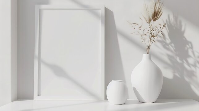 Generative AI : White photo frame mockup with white vase