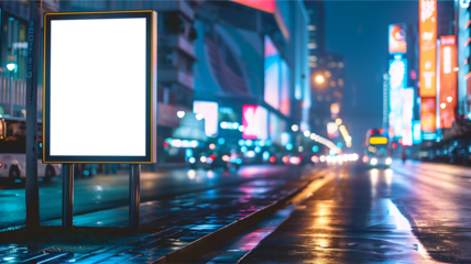 Blank white screen billboard on street cityscape blurred background. PNG screen display for mockup.
